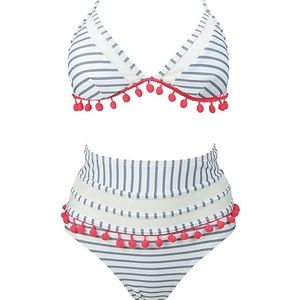 High Waisted Striped Pom Pom Bikini